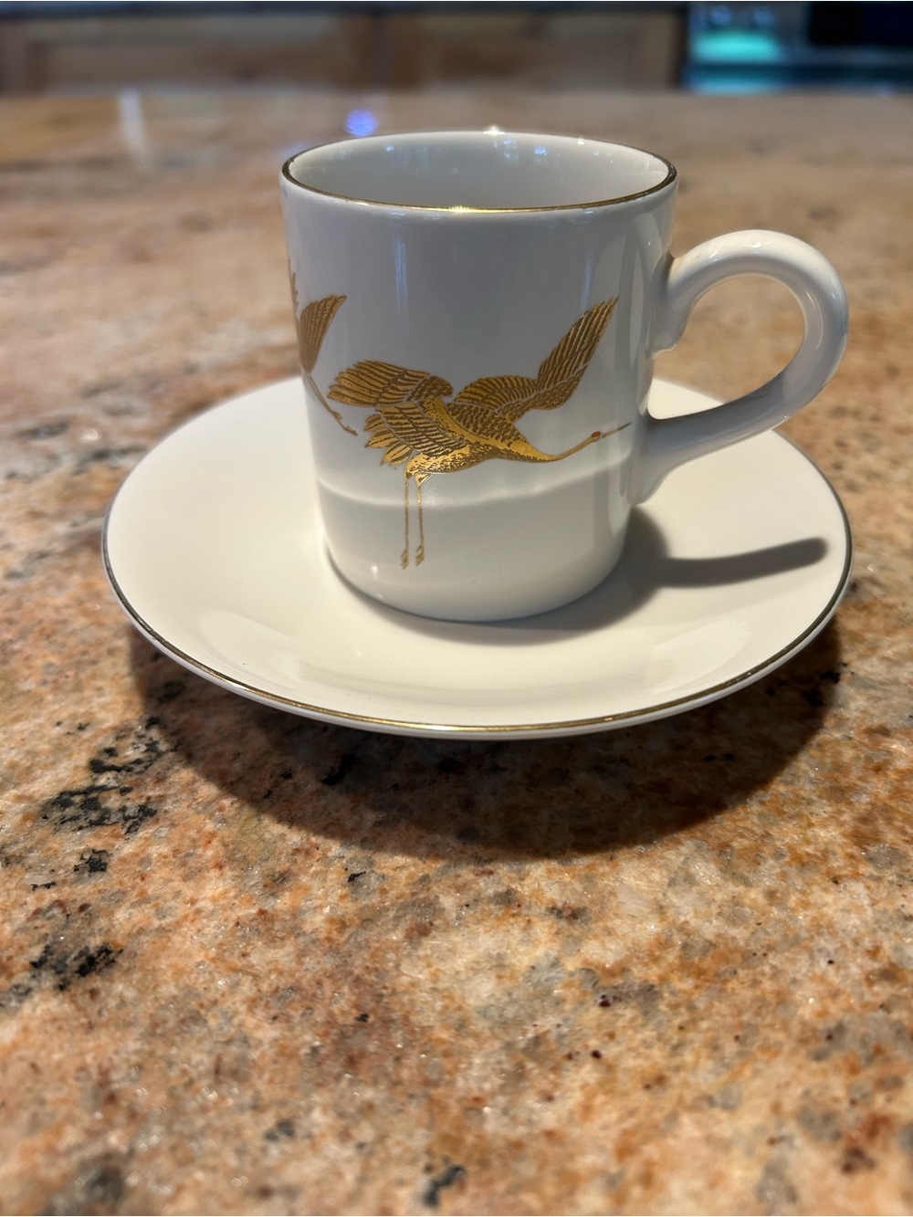 Porcelain Espresso Demitasse Cup Saucer Set 22K Gold Flying Cranes Otagiri Japan - Picture 3 of 16